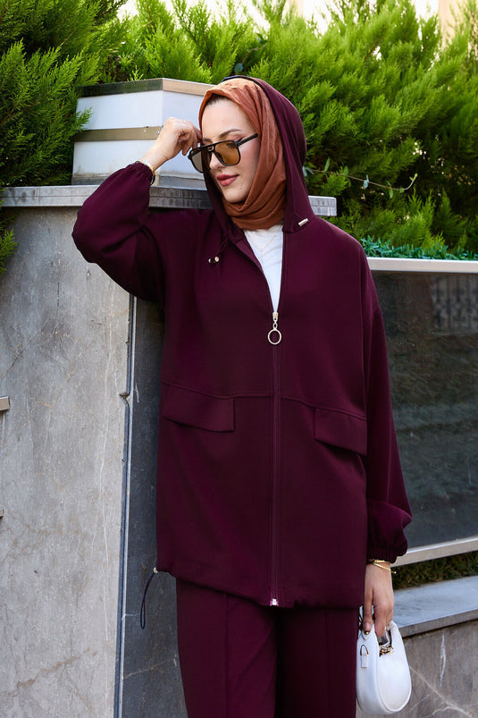 Hooded and Zippered Two-Piece Oysho Suit, Claret Red