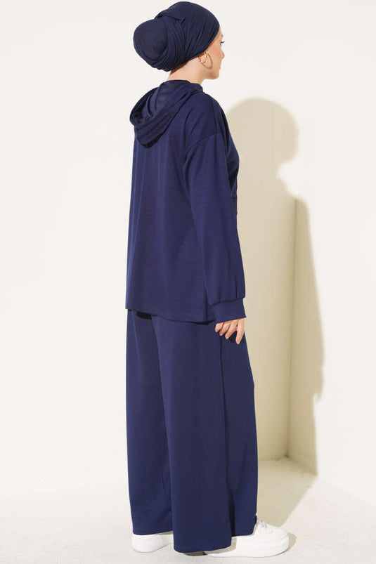 Hooded Marineblauw Geborduurd Twee-Delige Set