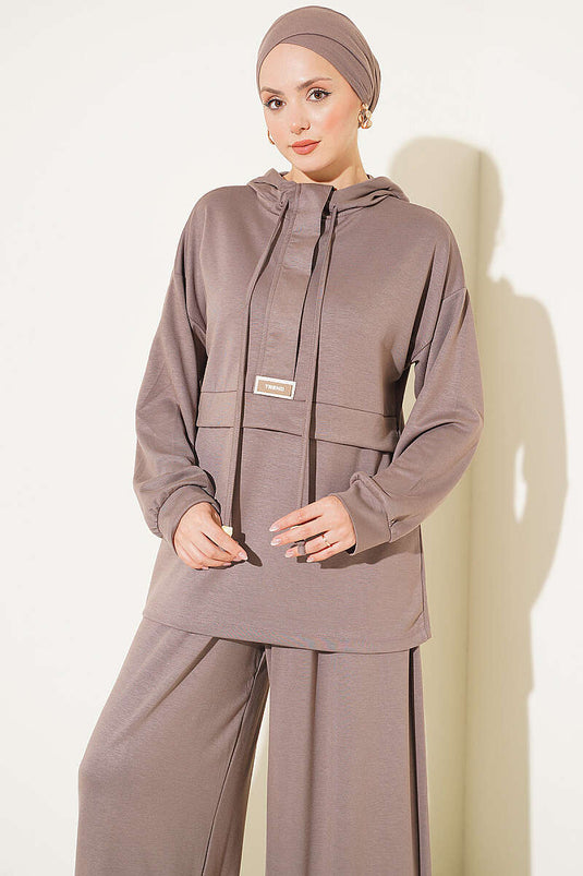 Ensemble Deux Pièces À Capuche Brodé Couleur Mink