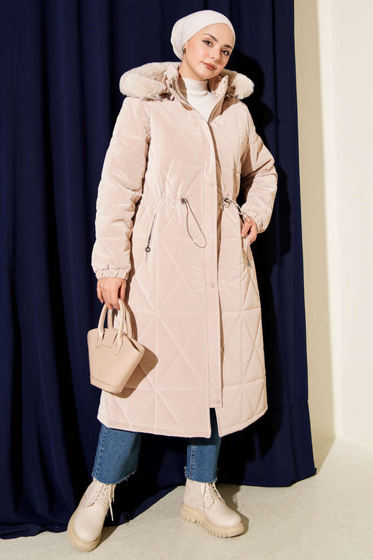 Hooded Baklava Quilted Long Coat Beige