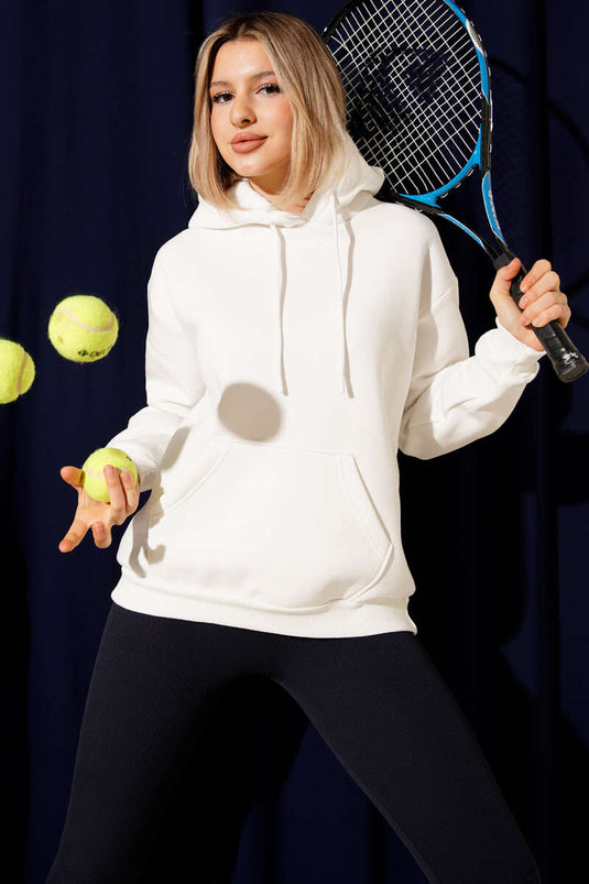 Kapüşonlu Basic Üç İplik Sweatshirt Ekru