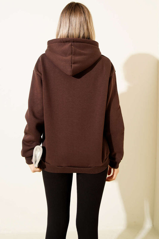 سويت شيرت أساسي بثلاثة خيوط وغطاء رأس، لون بني فاتح