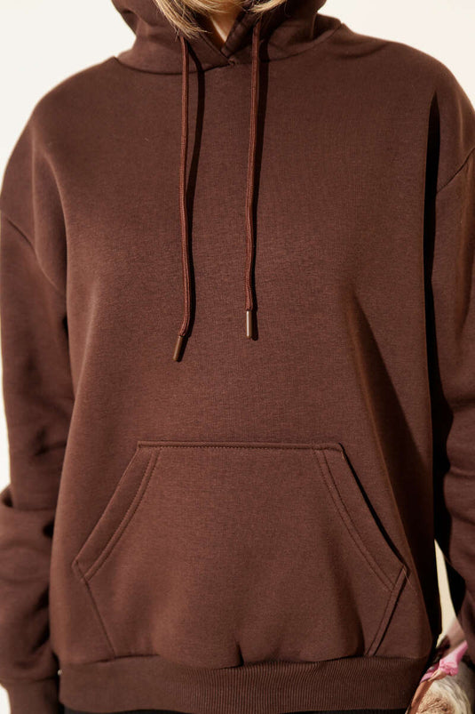 Hooded Basic Three-Thread Sweatshirt, Coffee
