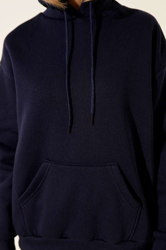 Hooded Basic Three-Thread Sweatshirt Navy Blue