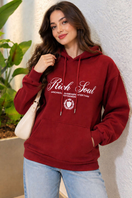 Kapüşonlu Baskı Detaylı Sweatshirt Bordo