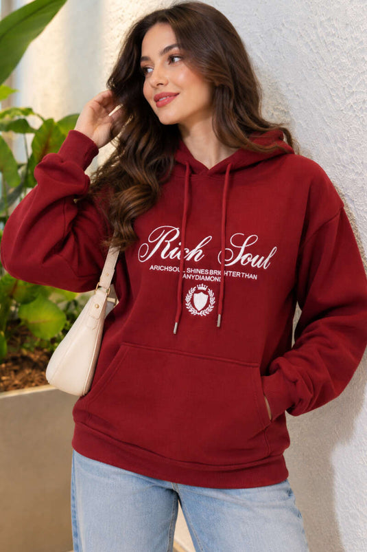 Kapüşonlu Baskı Detaylı Sweatshirt Bordo