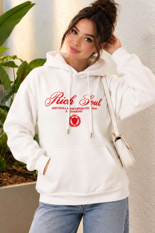 Kapüşonlu Baskı Detaylı Sweatshirt Ekru