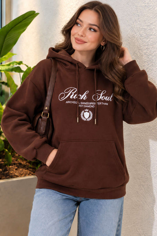 Kapüşonlu Baskı Detaylı Sweatshirt Kahve