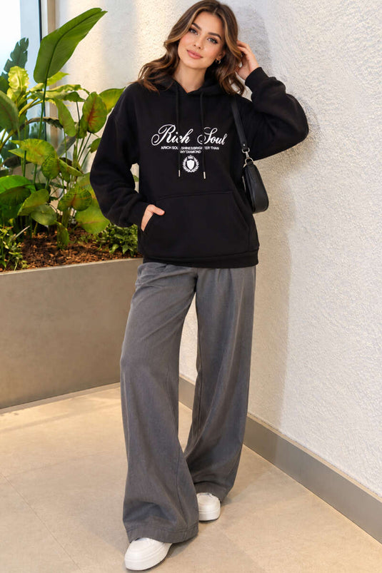 Kapüşonlu Baskı Detaylı Sweatshirt Siyah