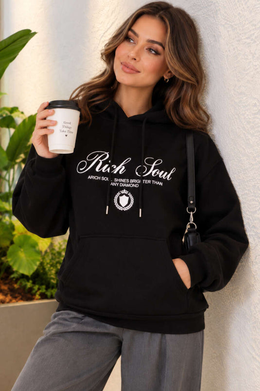 Kapüşonlu Baskı Detaylı Sweatshirt Siyah