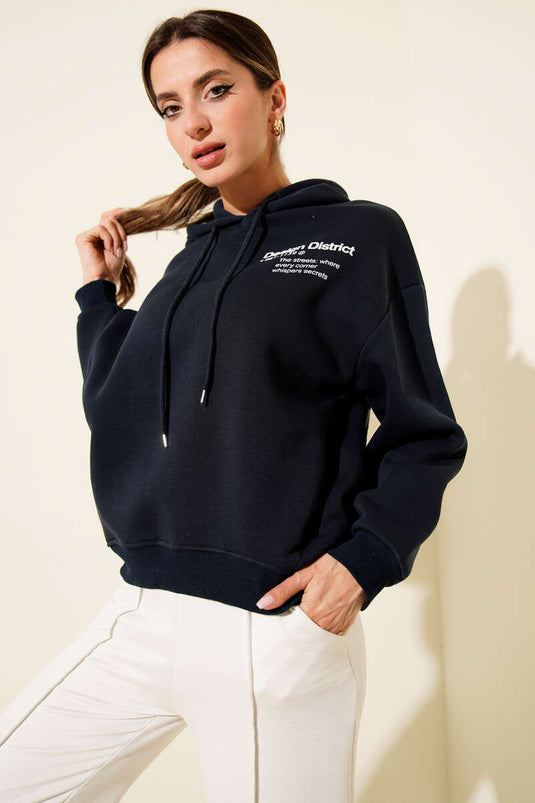 Hooded Printed Three-Thread Sweatshirt Navy Blue