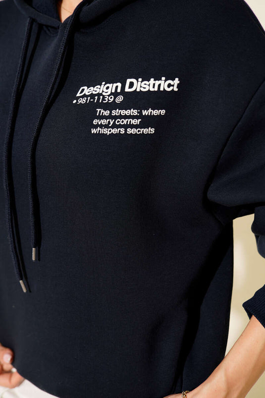 Hooded Printed Three-Thread Sweatshirt Navy Blue