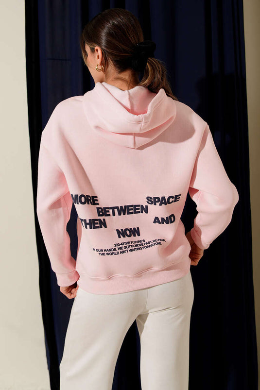 Kapüşonlu Baskılı Üç İplik Sweatshirt Pembe