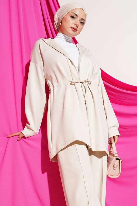 طقم مكون من قطعتين بغطاء رأس وحزام خصر ورباط، لون بيج