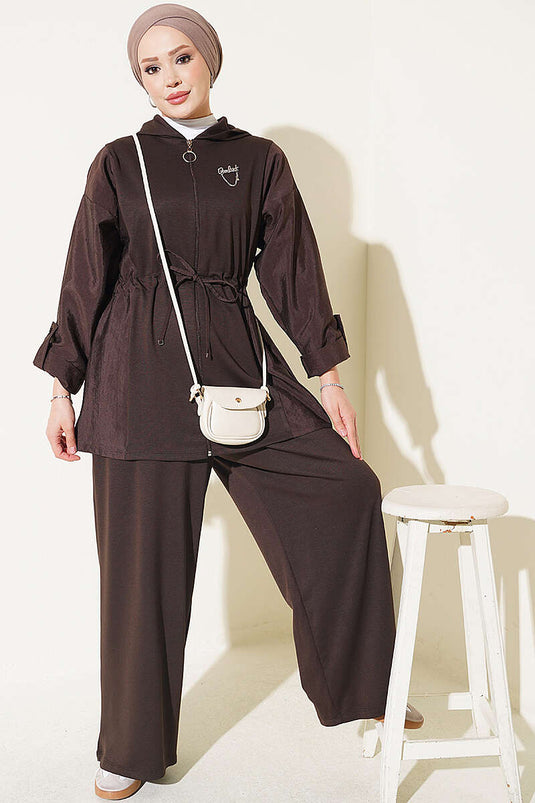 Hooded Belted Two-Piece Set In Brown