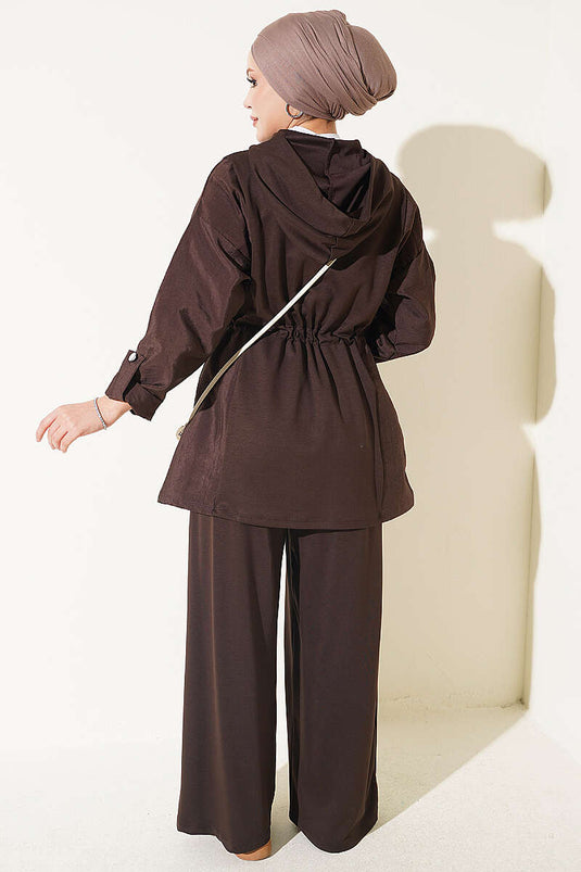 Hooded Belted Two-Piece Set In Brown