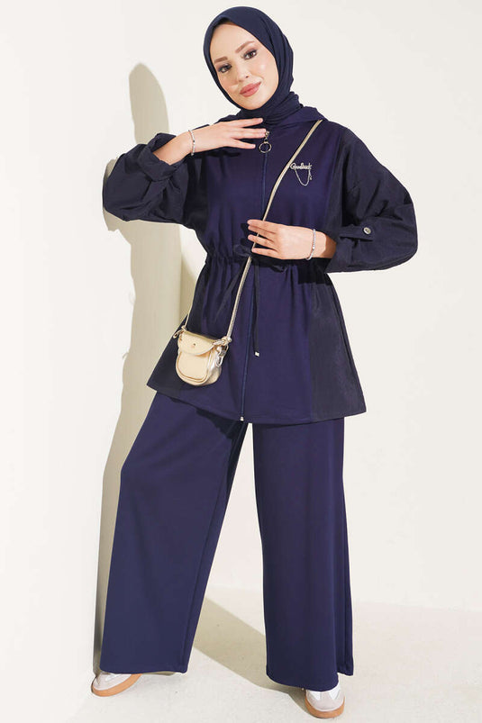 Hooded Belted Two-Piece Set Navy