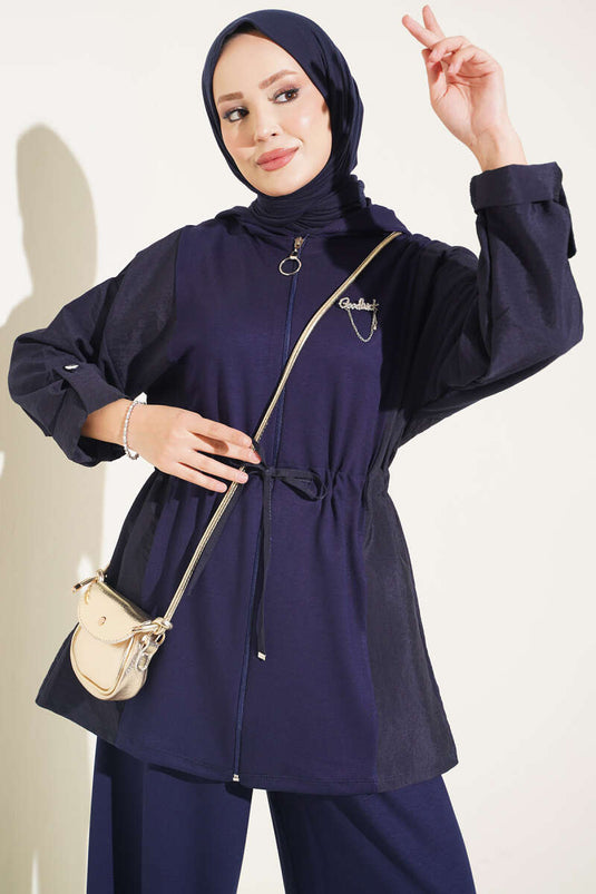 Hooded Belted Two-Piece Set Navy