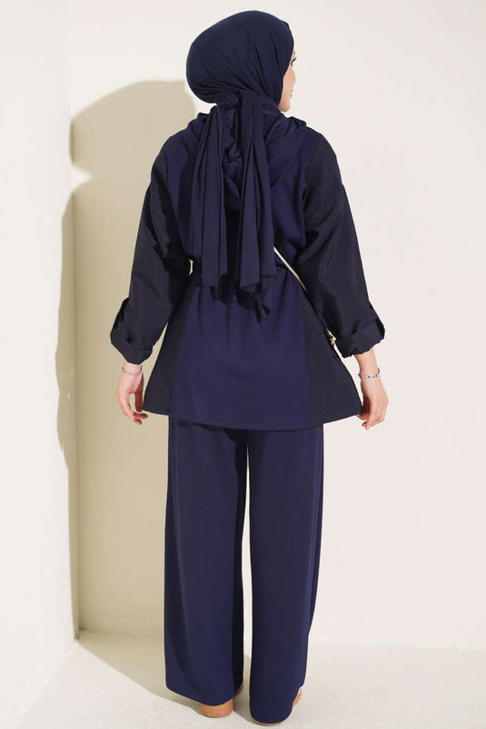 Hooded Belted Two-Piece Set Navy