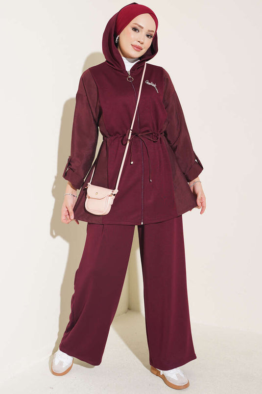 Hooded Belted Two-Piece Set In Plum