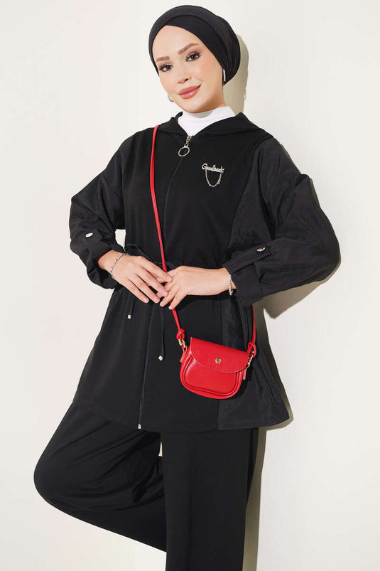 Hooded Belted Two-Piece Set Black