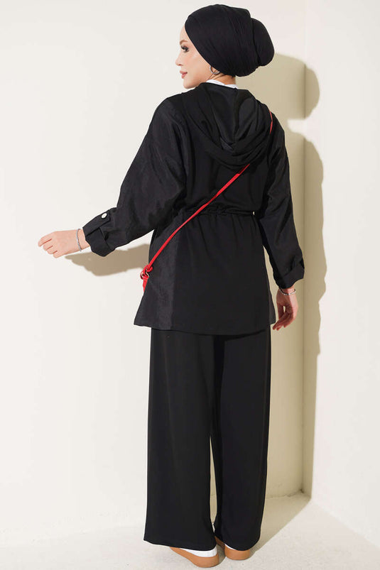 Hooded Belted Two-Piece Set Black