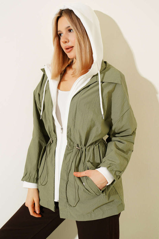 Hooded Waist Tunnel Parachute Jacket Khaki