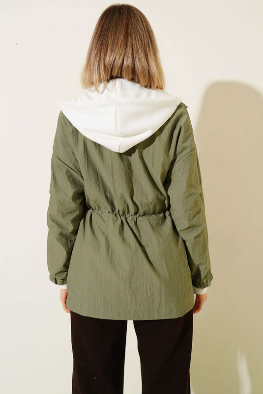 Kapüşonlu Bel Tünelli Paraşüt Ceket Haki