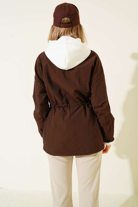 Kapüşonlu Bel Tünelli Paraşüt Ceket Kahve