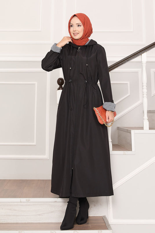 Trench-coat long à capuche et taille ajustable, noir