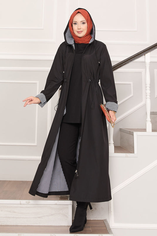 Trench-coat long à capuche et taille ajustable, noir