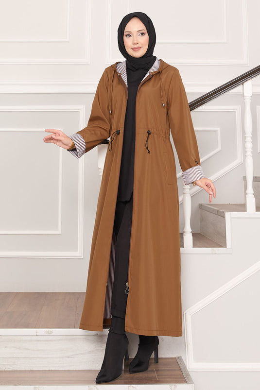 Trench-coat long et large à capuche et taille ajustable, couleur beige