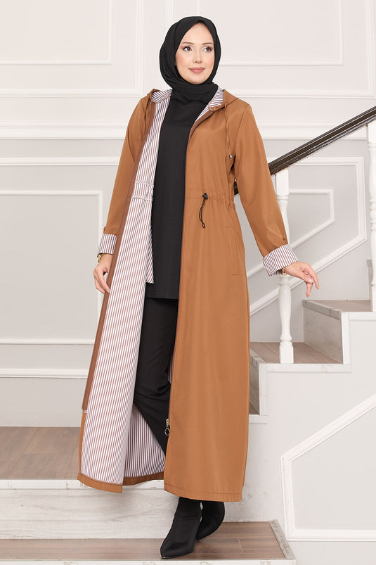 Trench-coat long et large à capuche et taille ajustable, couleur beige