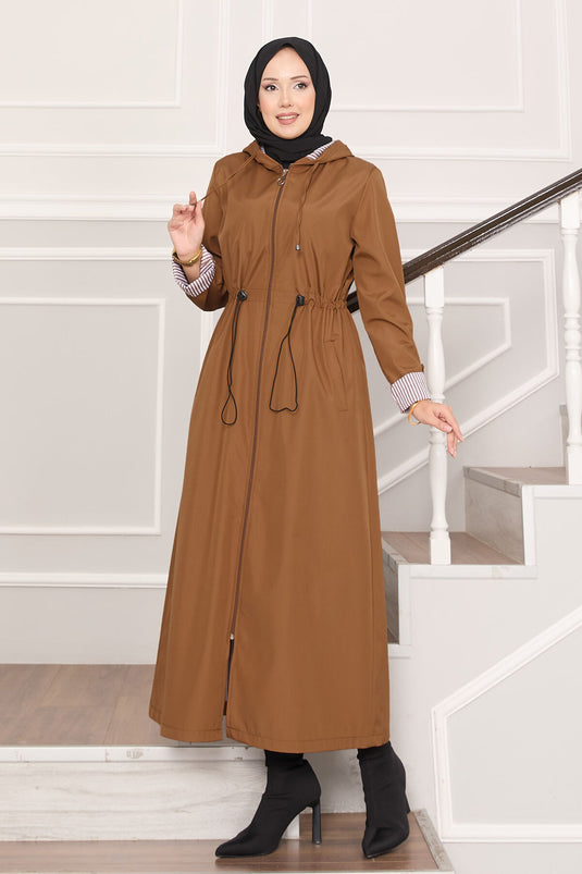 Trench-coat long et large à capuche et taille ajustable, couleur beige