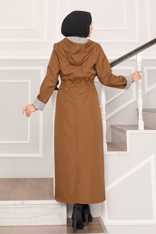 Trench-coat long et large à capuche et taille ajustable, couleur beige