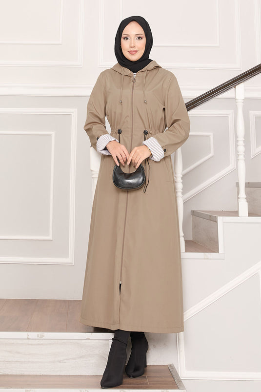 Kapüşonlu Beli Ayarlanabilir Battal Uzun Trençkot Taş
