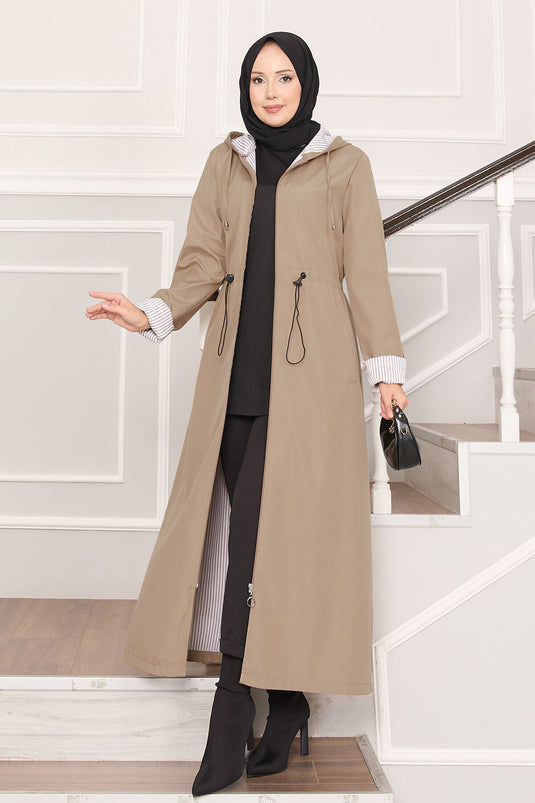 Kapüşonlu Beli Ayarlanabilir Battal Uzun Trençkot Taş