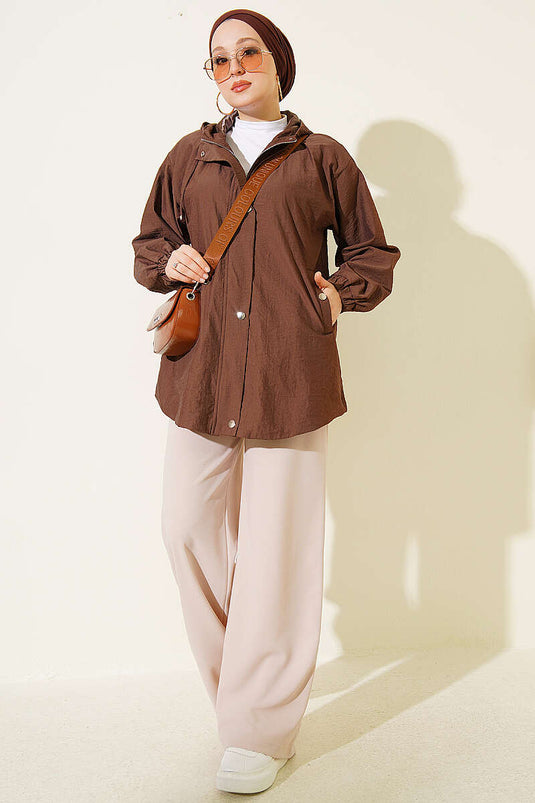 Hooded Elasticated Coffee Jacket