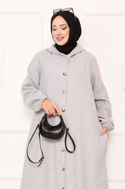 Kaschmirmantel mit Kapuze und Knöpfen Grau