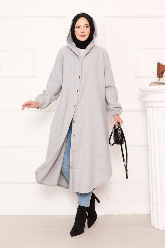 Kaschmirmantel mit Kapuze und Knöpfen Grau