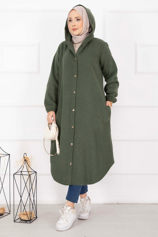 Manteau en drap à capuche, boutonné sur toute la longueur, couleur kaki