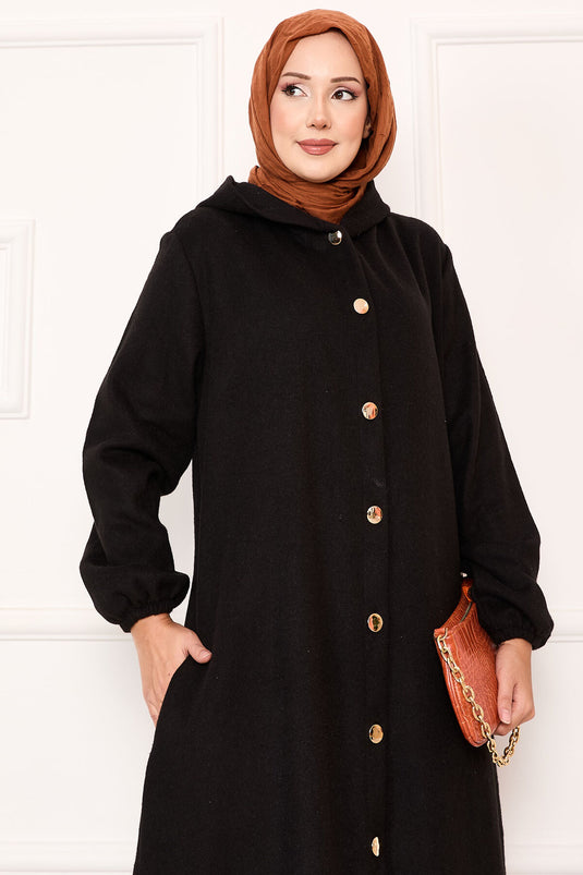 Kaschmirmantel mit Kapuze und Button-Down-Kragen Schwarz