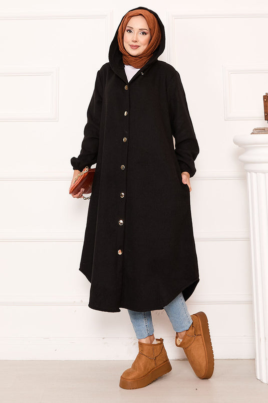 Kaschmirmantel mit Kapuze und Button-Down-Kragen Schwarz