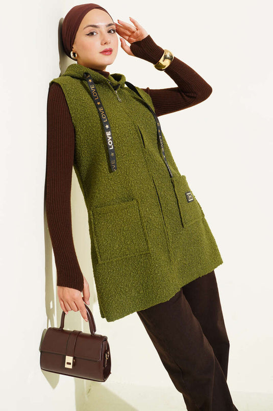 Hooded Bouclé Vest, Khaki