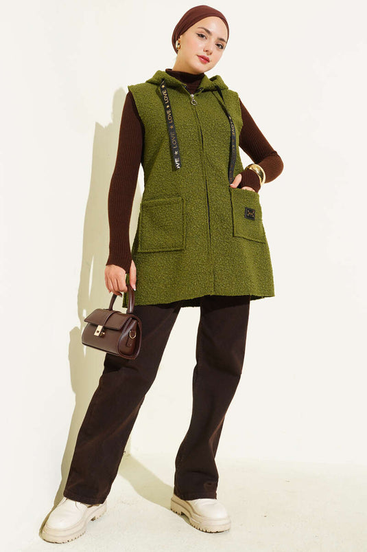 Hooded Bouclé Vest, Khaki