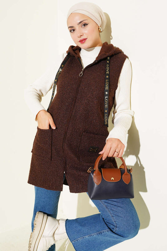 Hooded Bouclé Vest, Coffee