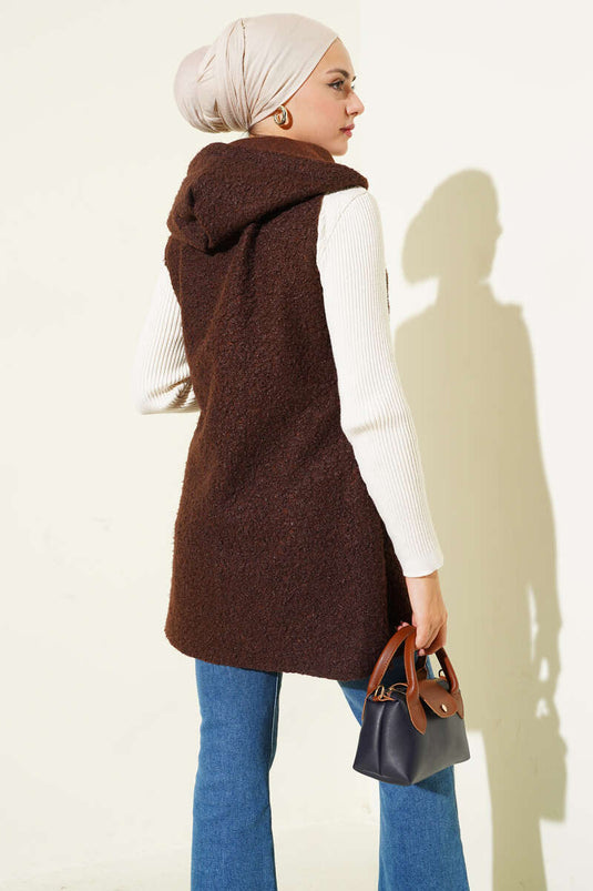 Hooded Bouclé Vest, Coffee
