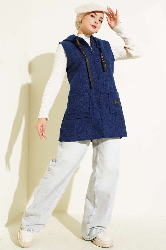 Hooded Bouclé Vest, Navy Blue