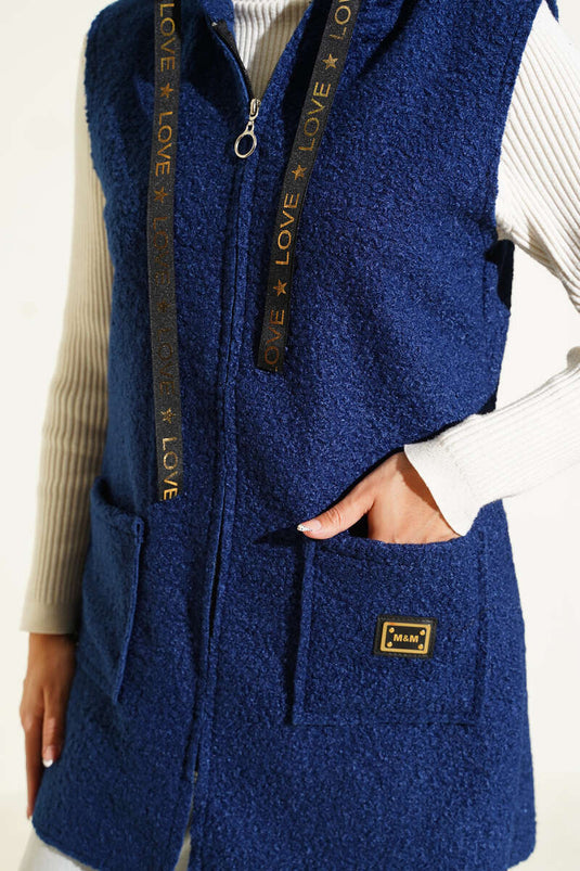 Kapüşonlu Buklet Yelek Lacivert