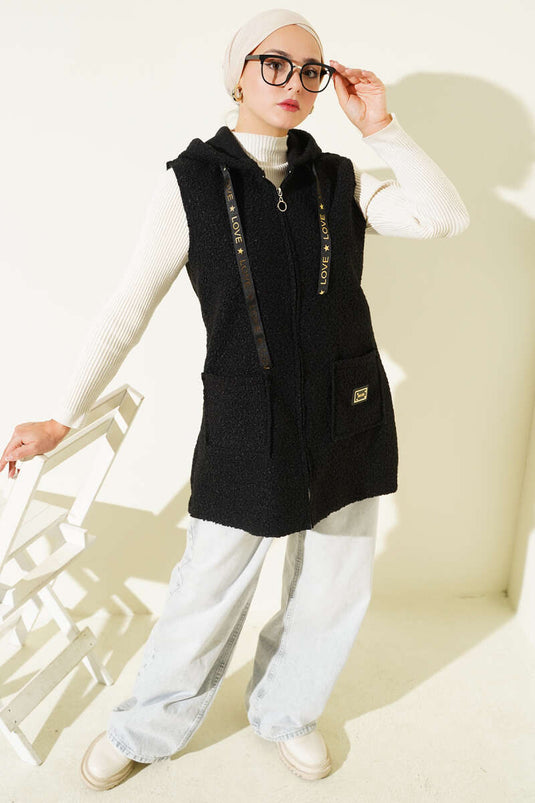 Hooded Bouclé Vest, Black